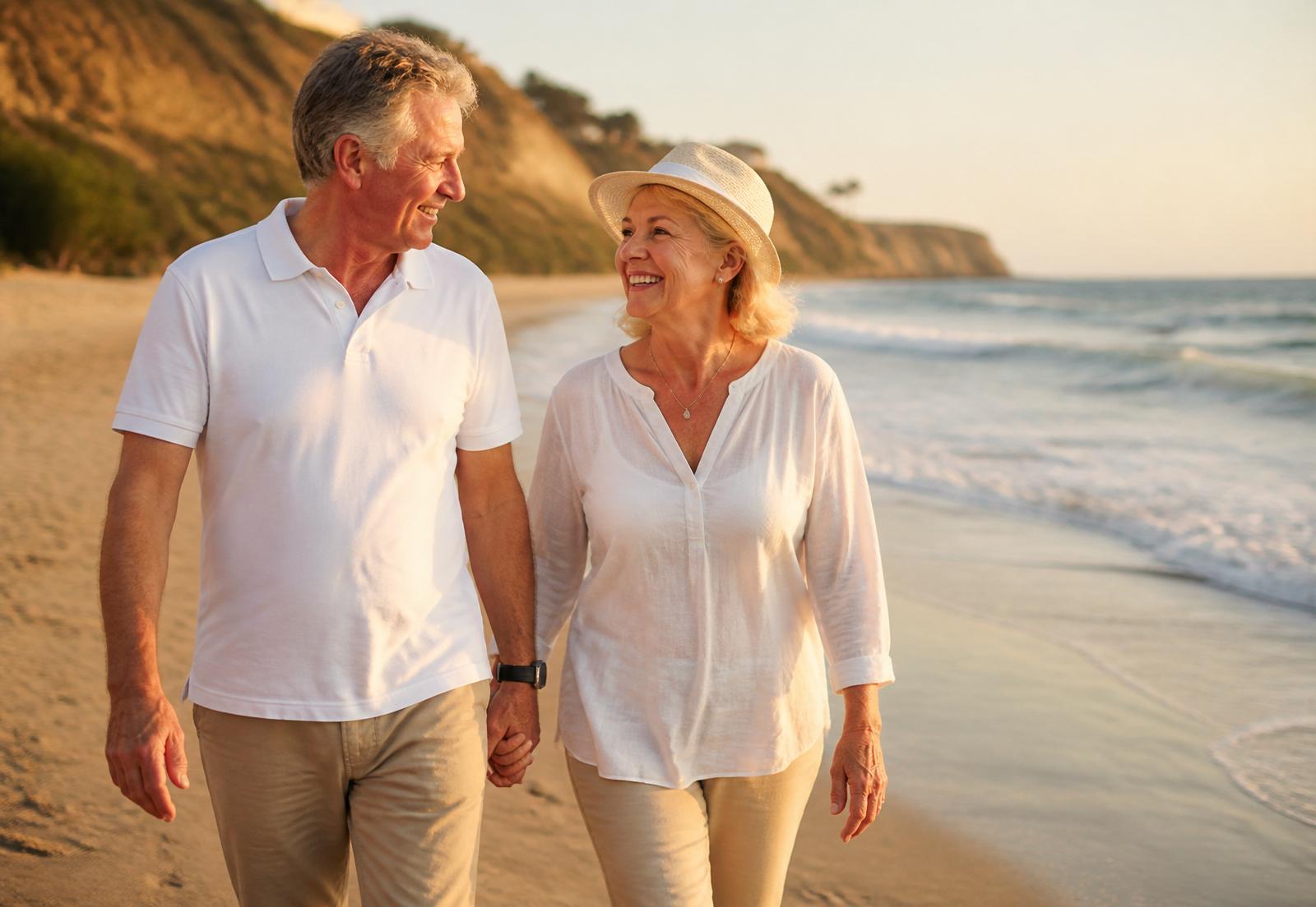Candid photo of a happy retired couple walking together along a sunny beach, representing the retirement lifestyle National Planning Associates helps clients plan for.